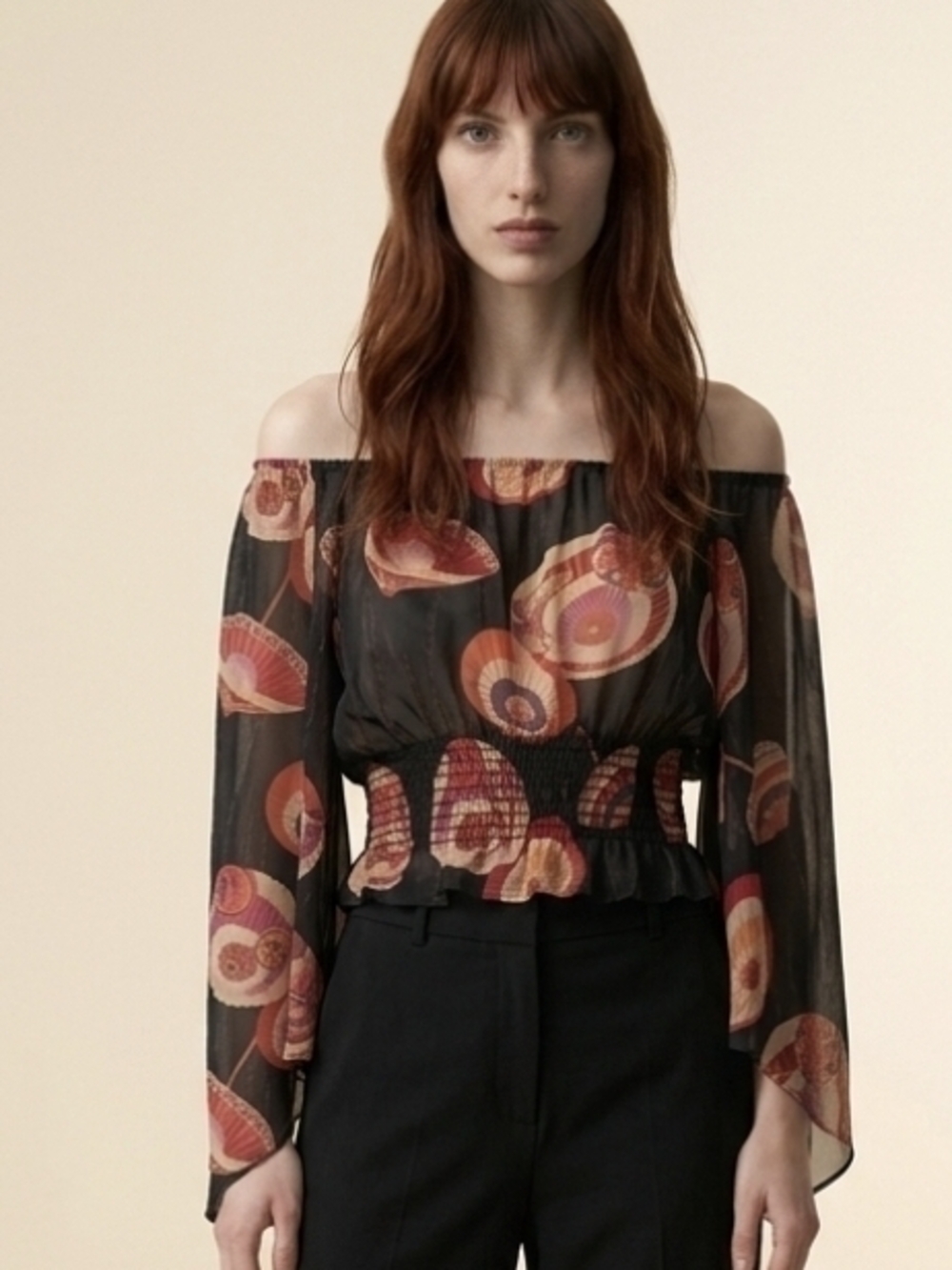 Y2K Vintage Off-Shoulder Floral Print Blouson Top in Black and Rust